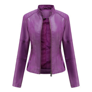 Versatile women's black leather jacket with a distinct mandarin collar. Perfect for an edgy or chic look.