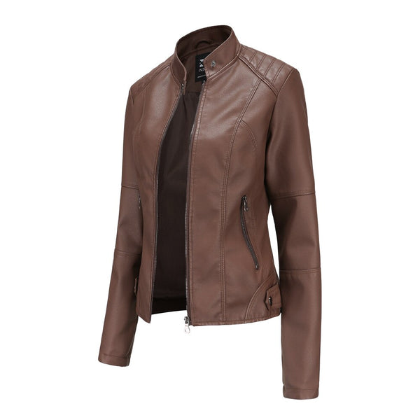 Stylish women's black leather outerwear with a sharp mandarin collar. Perfect for edgy contemporary fashion.