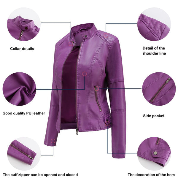 Sleek black women's leather jacket featuring a refined mandarin collar. Comfortable & stylish fall/spring wear.