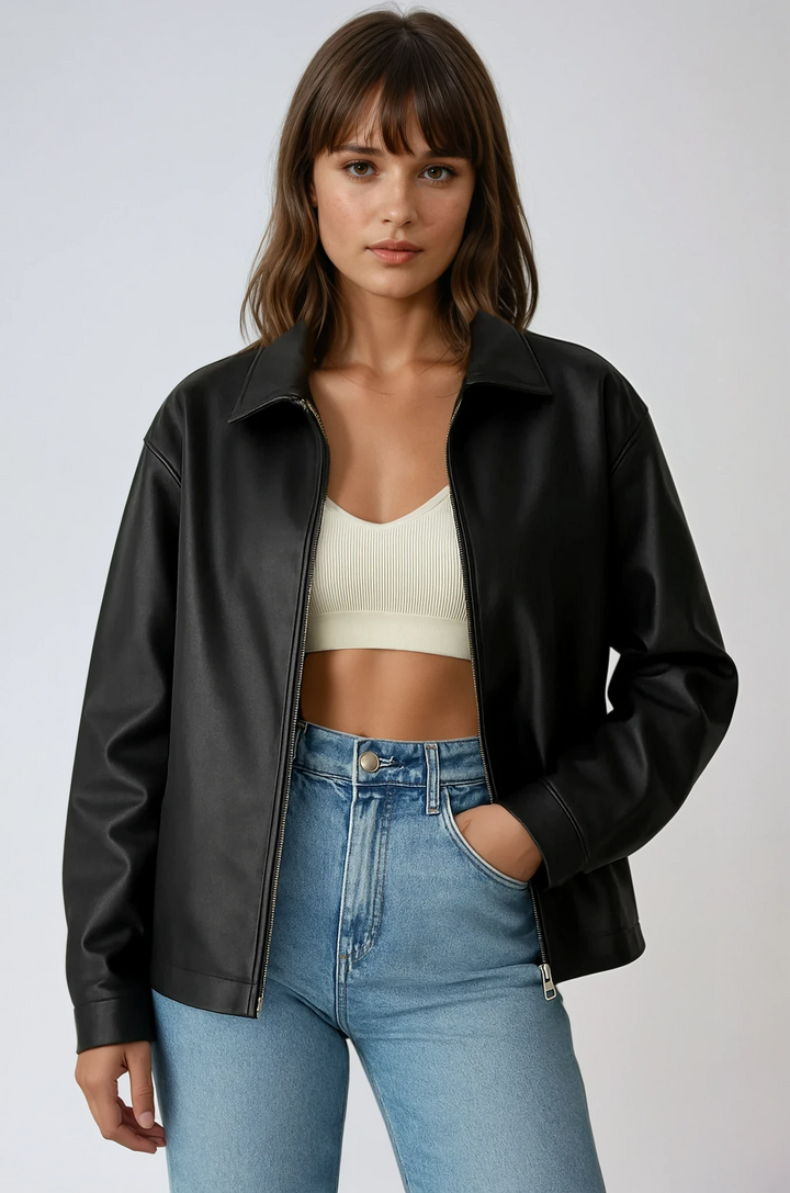Women's chic black zip-front moto jacket. Edgy & trendy outerwear perfect for everyday wear & casual style.