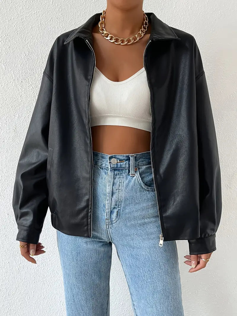 Stylish women's black moto jacket with a front zip. A versatile layering piece for edgy fashion & casual wear.