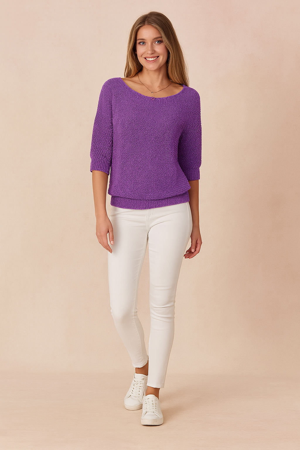Stylish women's purple boat neck knit top, a comfortable and chic pullover sweater ideal for any season.