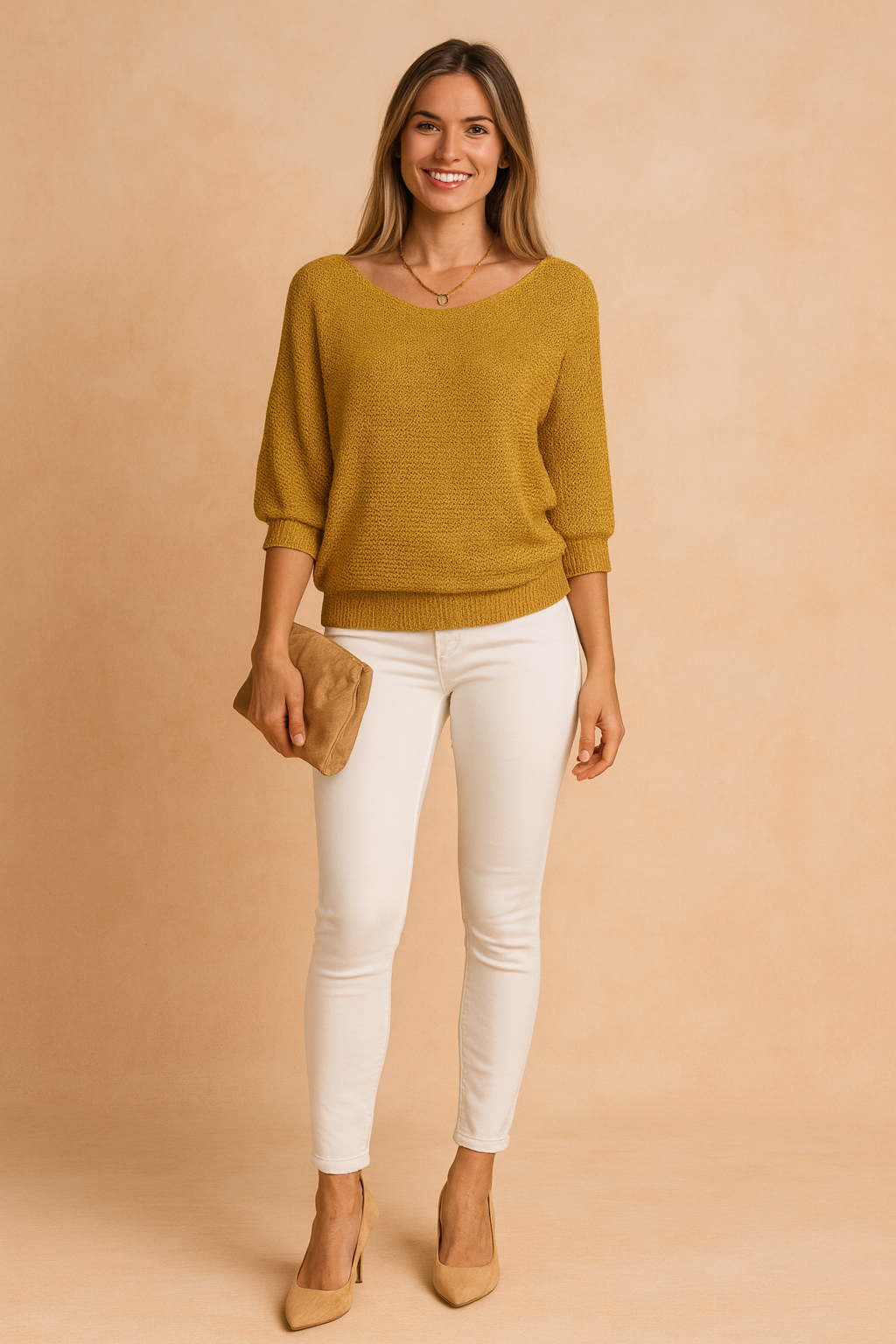Chic women's yellow boat neck pullover sweater, a comfortable knit top for versatile and stylish daily wear.
