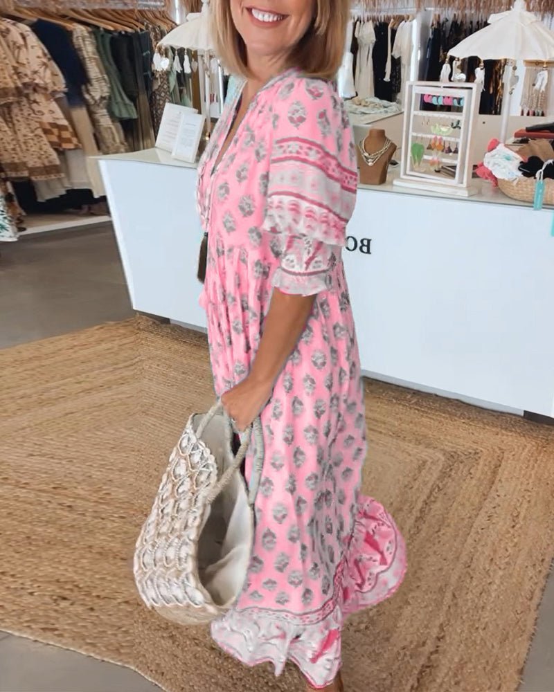 Comfortable women's flowy floral V-neck dress, great for versatile styling.