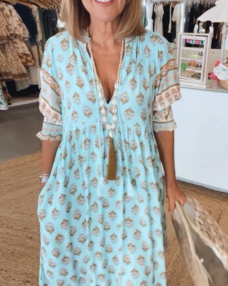 Versatile women's floral V-neck midi dress, comfortable for any casual setting.
