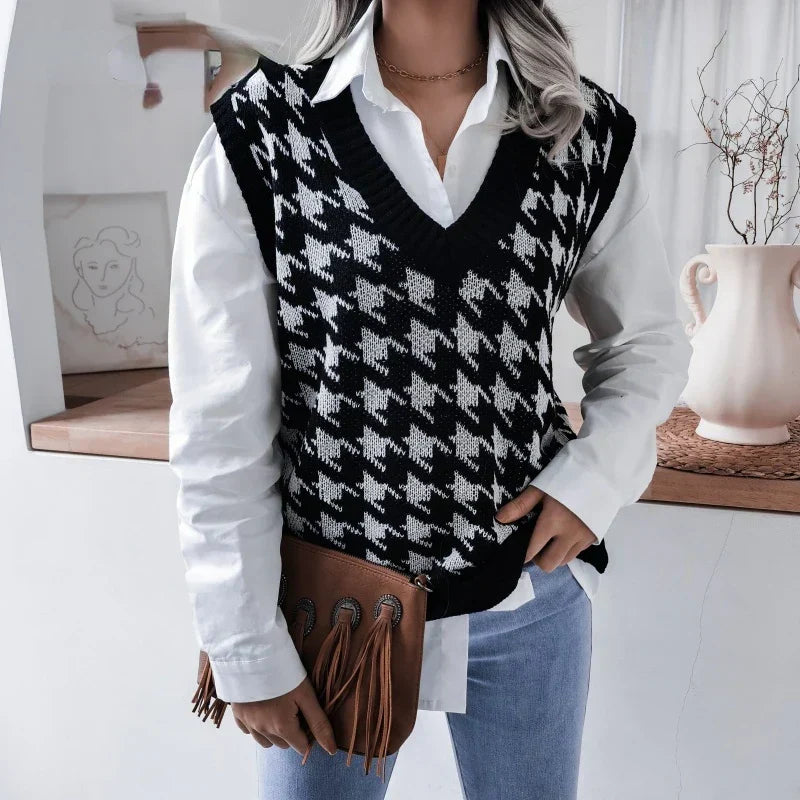 Fashionable women's houndstooth knitted V-neck vest. A versatile sleeveless top for stylish classic transitional wear.