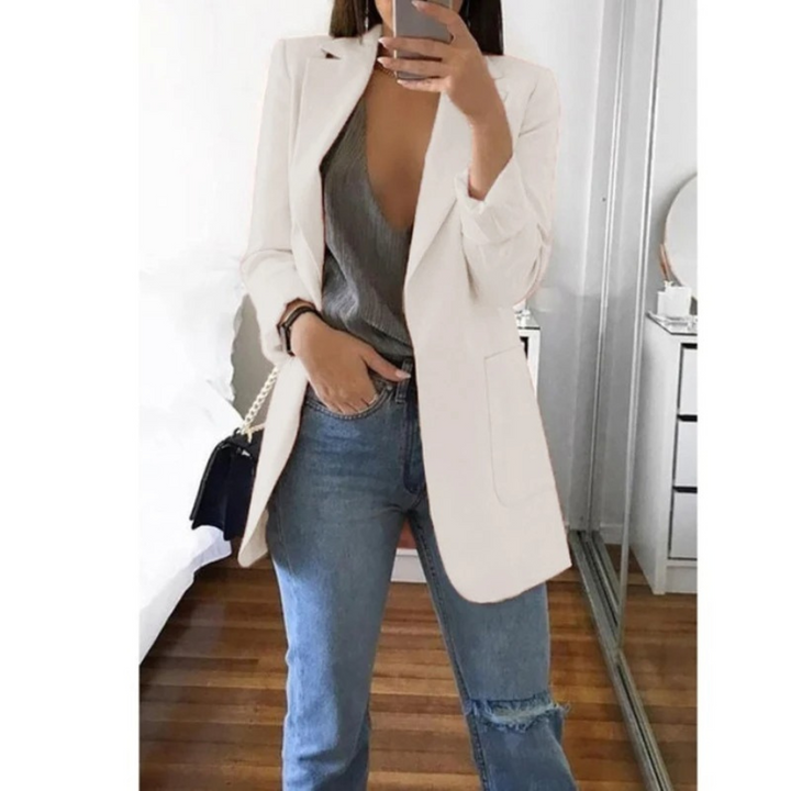 Fashionable long blazer for women, ideal for workwear and style.