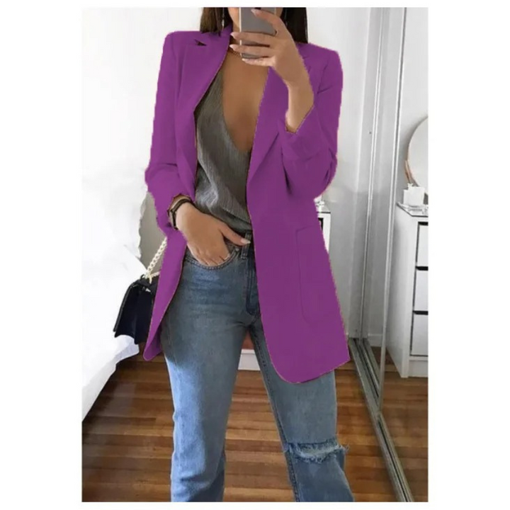 Stylish women's long blazer, a trendy statement piece.