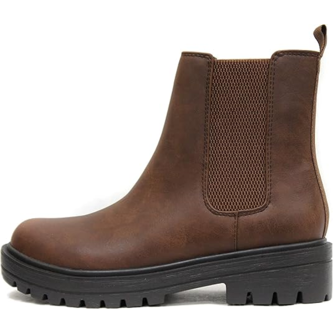 Side profile of women's chic low heel Chelsea ankle boots, versatile footwear for autumn fashion.