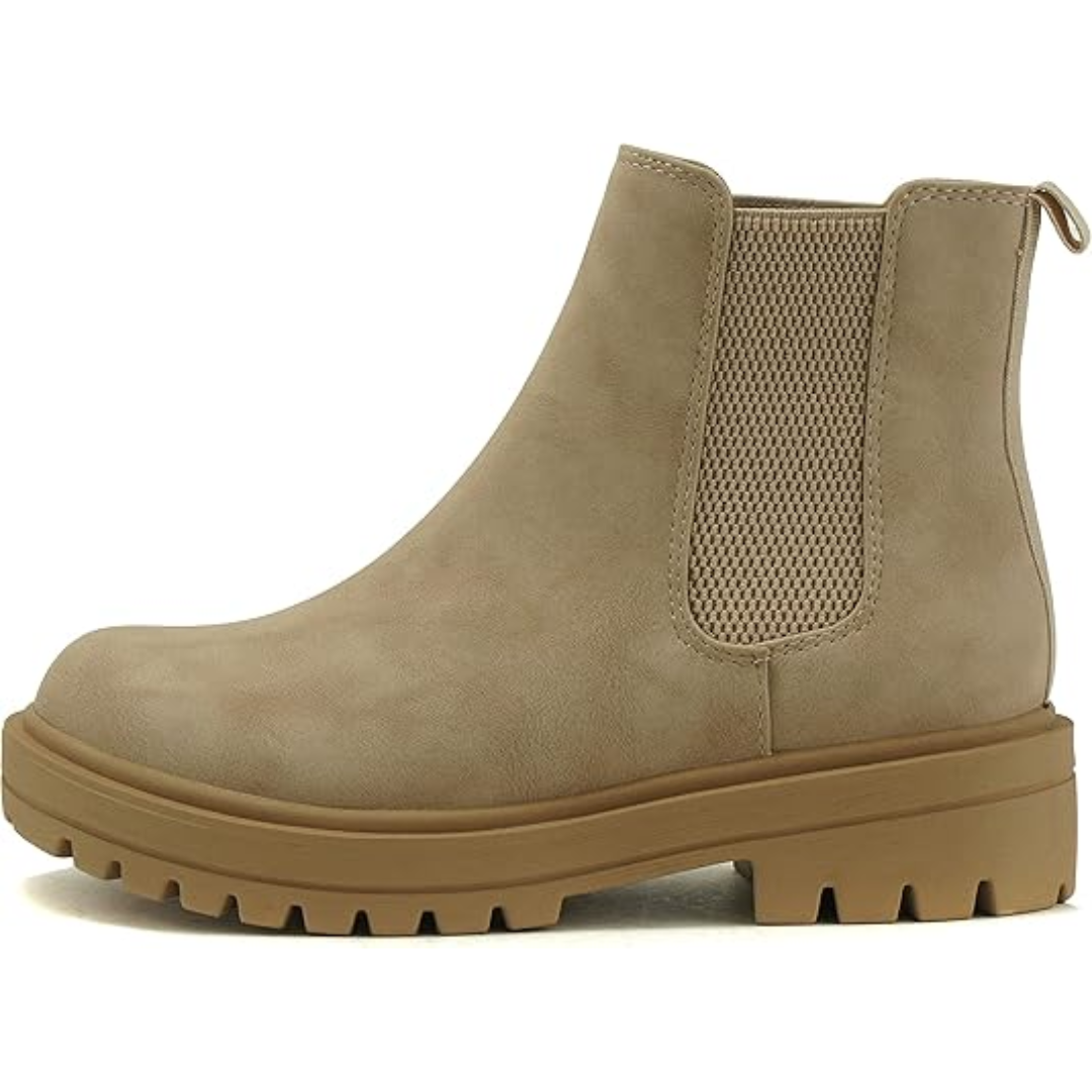 Front view of women's stylish low heel Chelsea ankle boots, great for comfortable casual everyday wear.