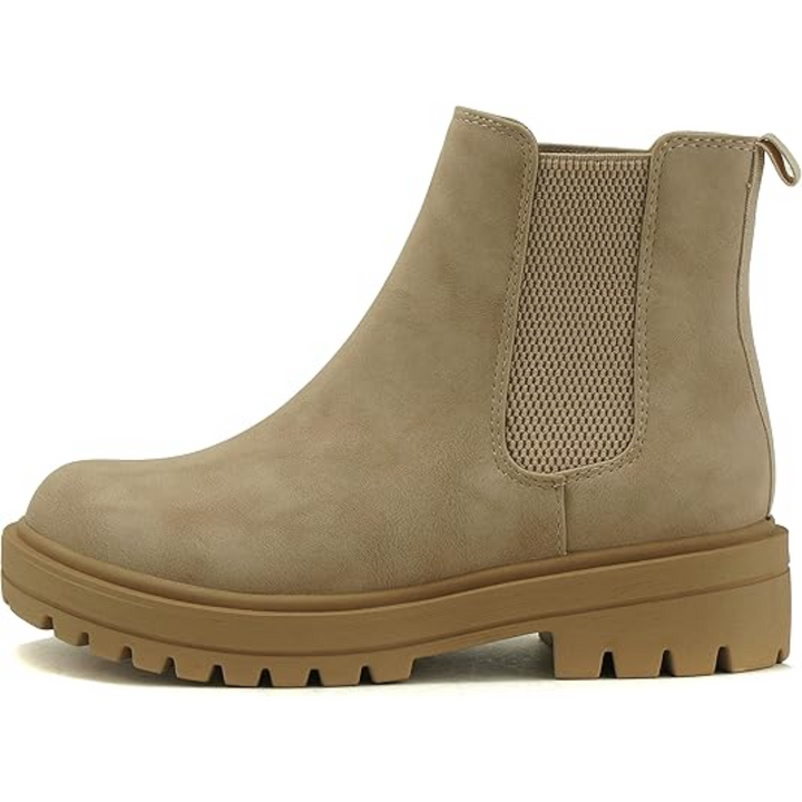 Front view of women's stylish low heel Chelsea ankle boots, great for comfortable casual everyday wear.