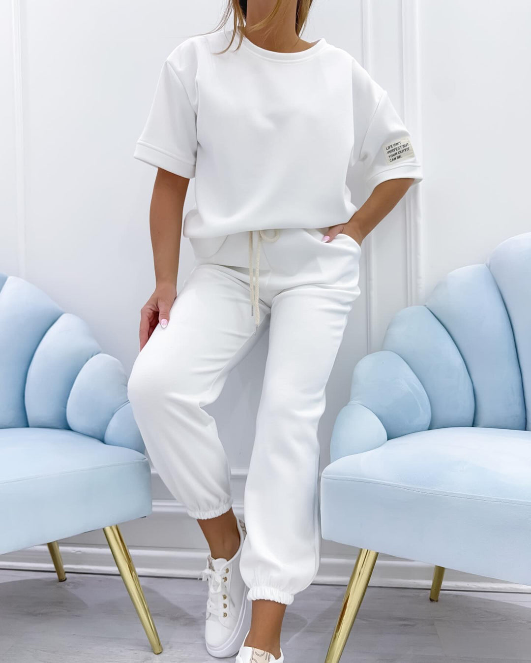 Women's chic short sleeve top & matching relaxed fit pants set. Perfect for summer casual or lounge.