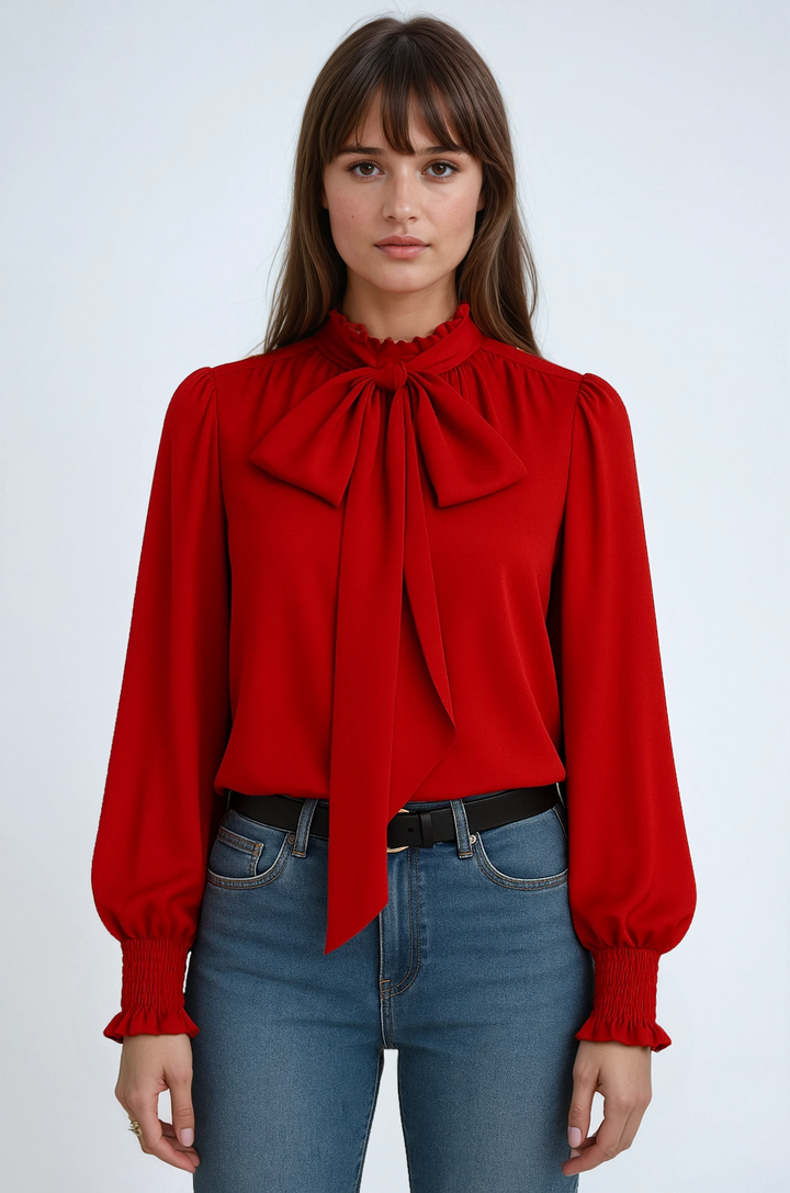 Women's chic tie-neck long sleeve blouse with elegant ruffle cuffs for sophisticated style.