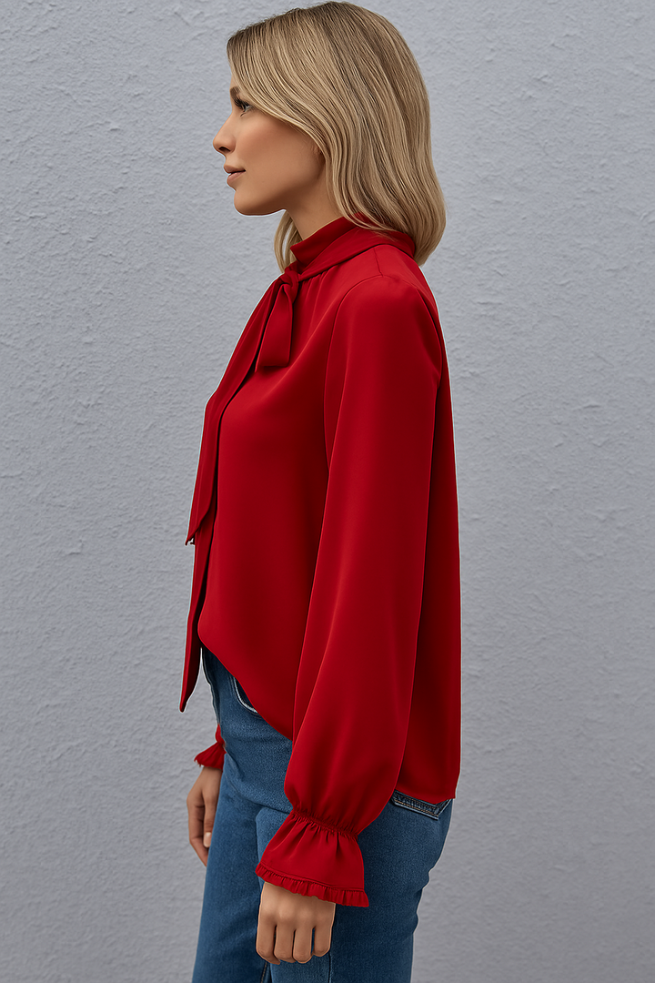 Elegant women's blouse with a stylish tie-neck, long sleeves, and delicate ruffle details.