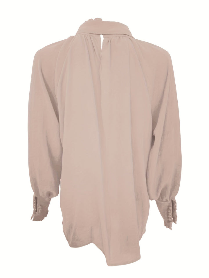Fashionable women's blouse featuring a distinct tie-neck and elegant ruffle long sleeves.