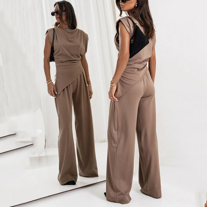 Women's chic loungewear set, ideal for cozy comfort at home. Elegant two-piece matching fashion ensemble.