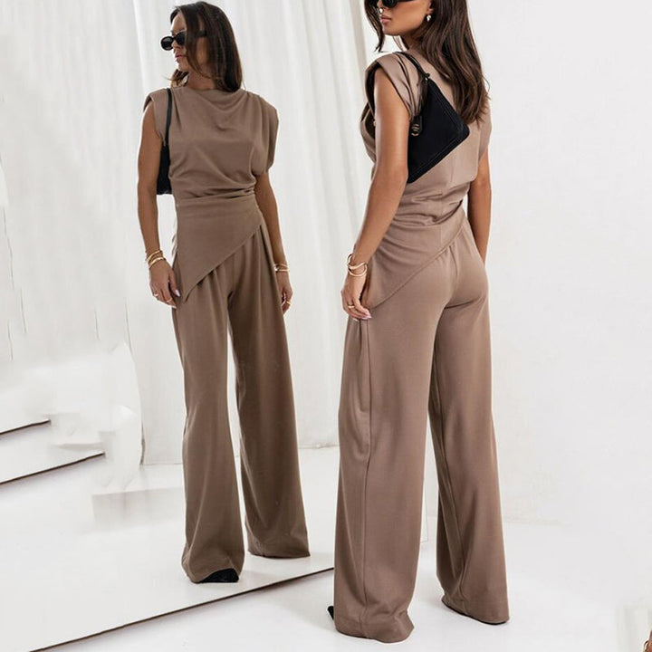 Women's chic loungewear set, ideal for cozy comfort at home. Elegant two-piece matching fashion ensemble.