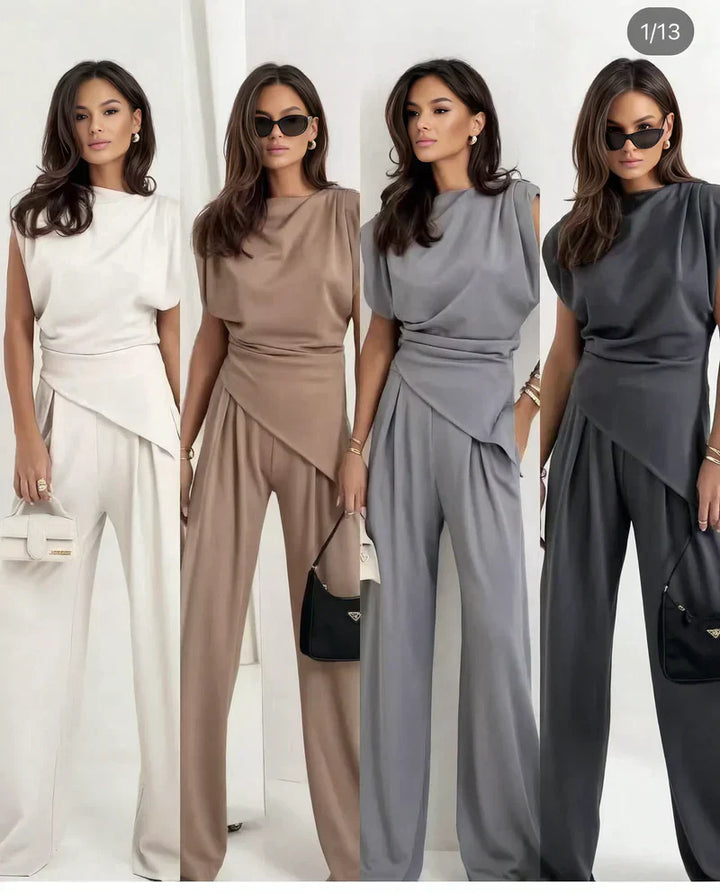 Close-up of soft fabric on women's chic two-piece loungewear set. Luxurious & comfortable matching attire detail.