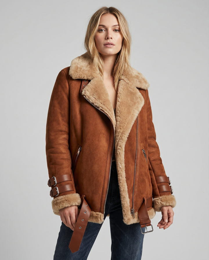 Women's chic winter jacket, belted with pockets, perfect for stylish cold-weather outerwear.