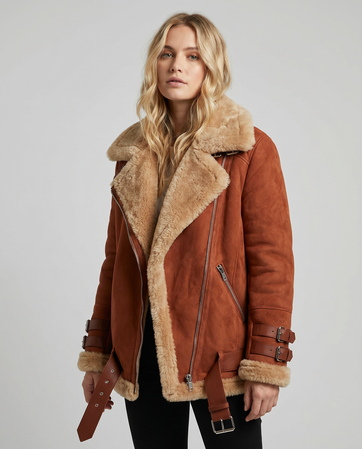 Warm women's winter jacket, stylish belted design with practical pockets, ideal for fall fashion.