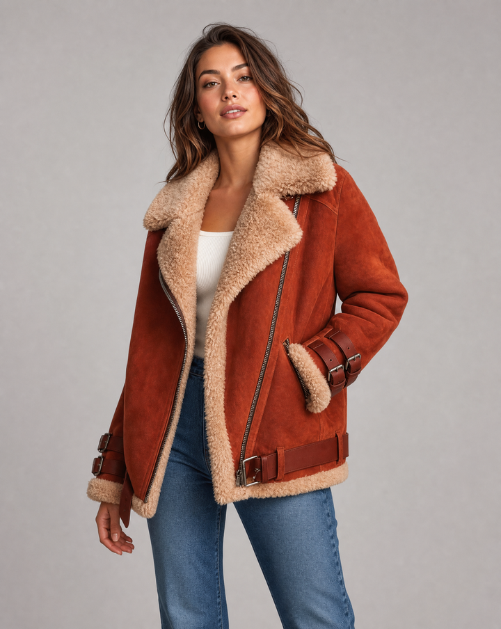 Stylish women's belted winter coat, cozy and warm, featuring convenient pockets for casual wear.