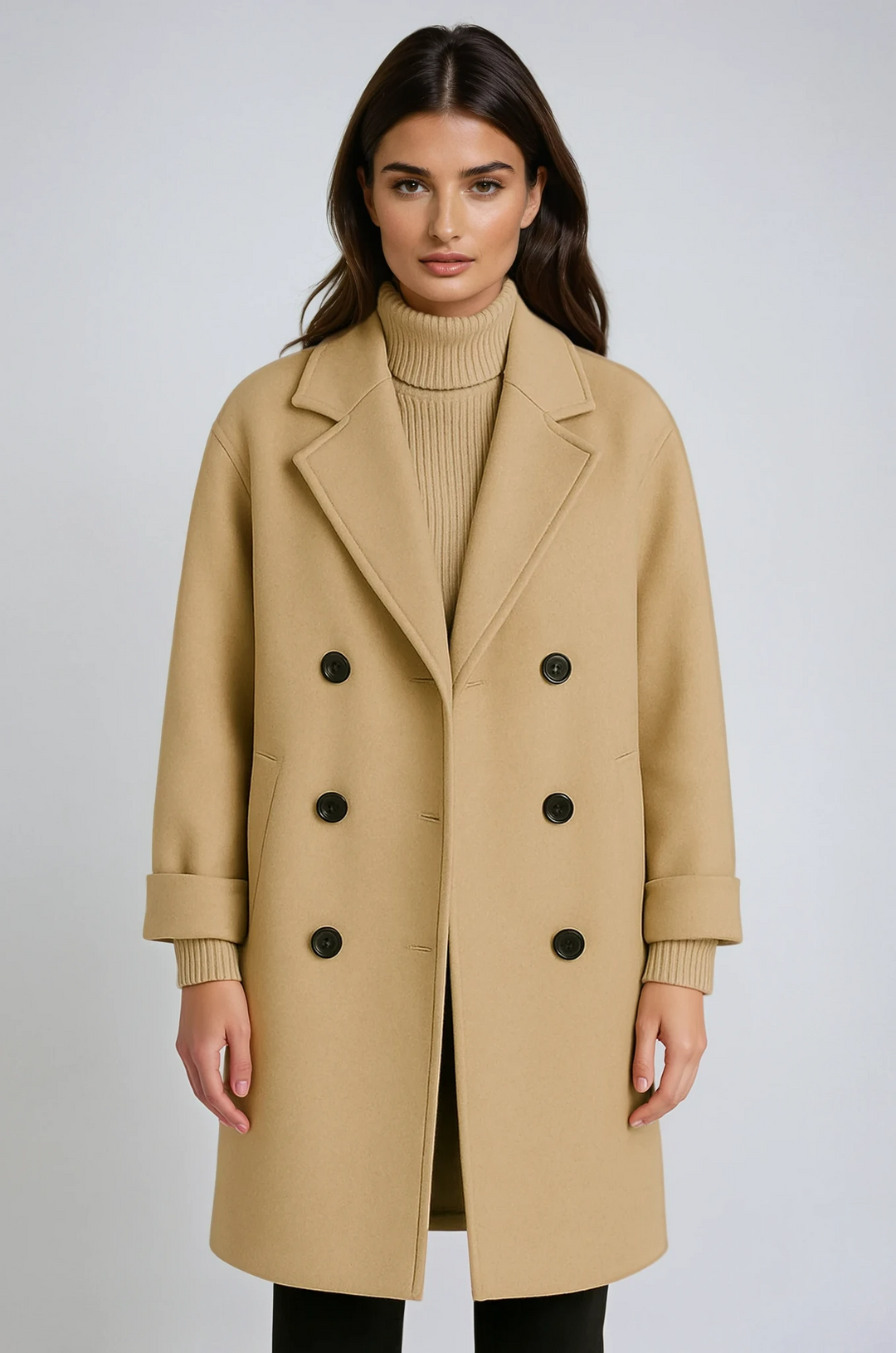Women's classic belted winter coat, elegant long design with lapel collar for warmth & style.