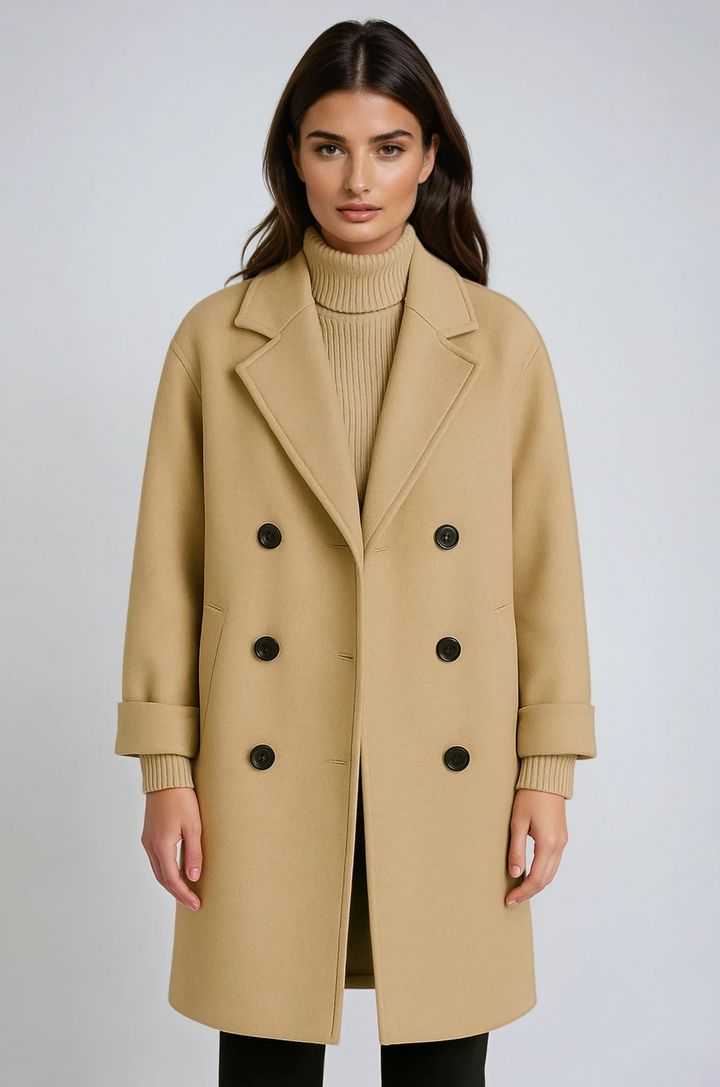 Women's classic belted winter coat, elegant long design with lapel collar for warmth & style.