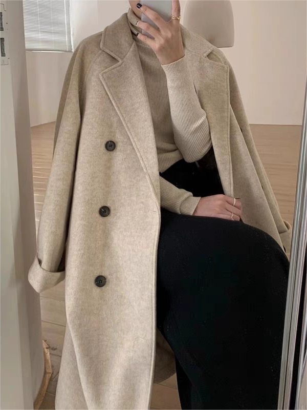 Warm women's classic belted long winter coat, perfect outerwear for cold weather, elegant & stylish.