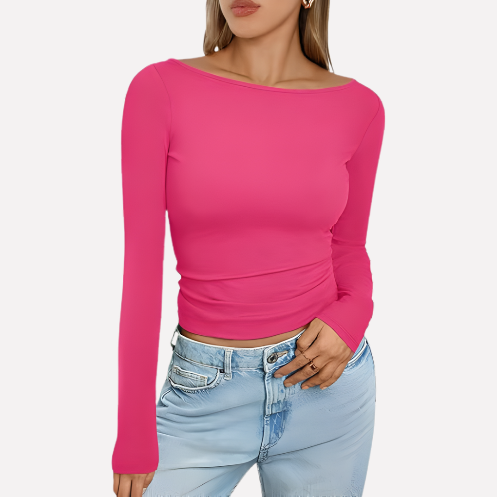 Wardrobe staple: women's solid long sleeve top with a boat neck, essential for everyday style.