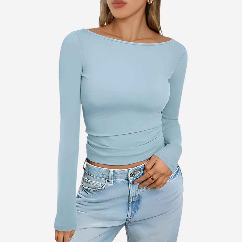 Comfortable women's long sleeve top, classic boat neck design for a chic and versatile look.