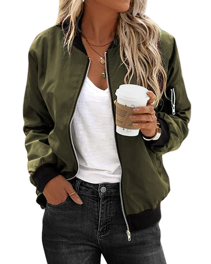 Women's classic bomber jacket, stylish & versatile outerwear for autumn and spring fashion.
