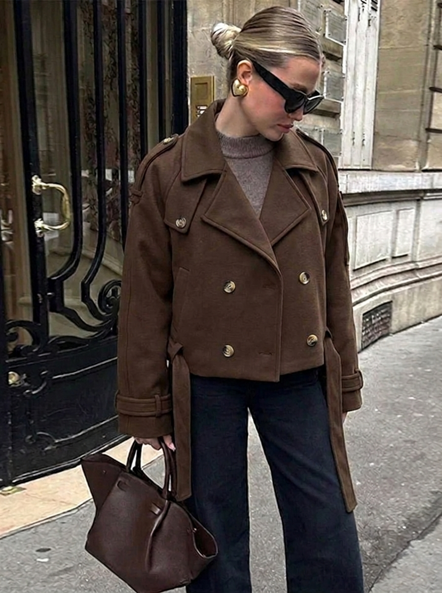 Women's classic double-breasted cropped trench coat, perfect for stylish fall and winter outerwear.