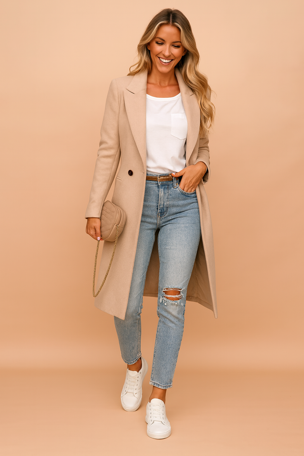 Women's classic double-breasted long winter coat. Timeless, elegant outerwear for sophisticated style.