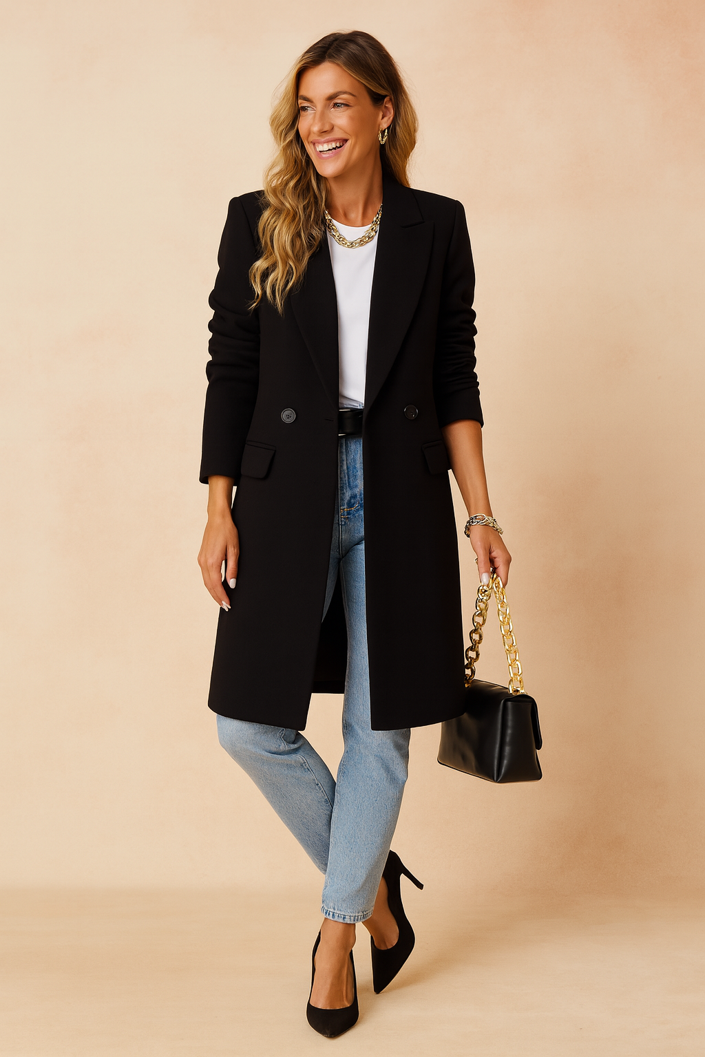 Chic women's tailored double-breasted long coat. Modern winter jacket, perfect for workwear & street style.