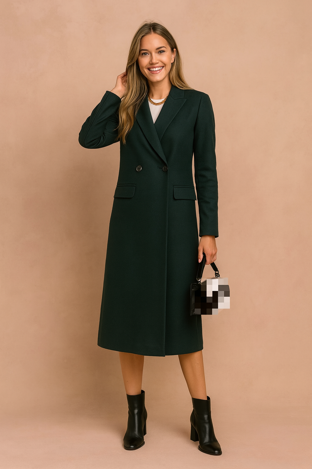 Elegant women's long double-breasted winter coat. A versatile and classic piece for any fashion-forward look.