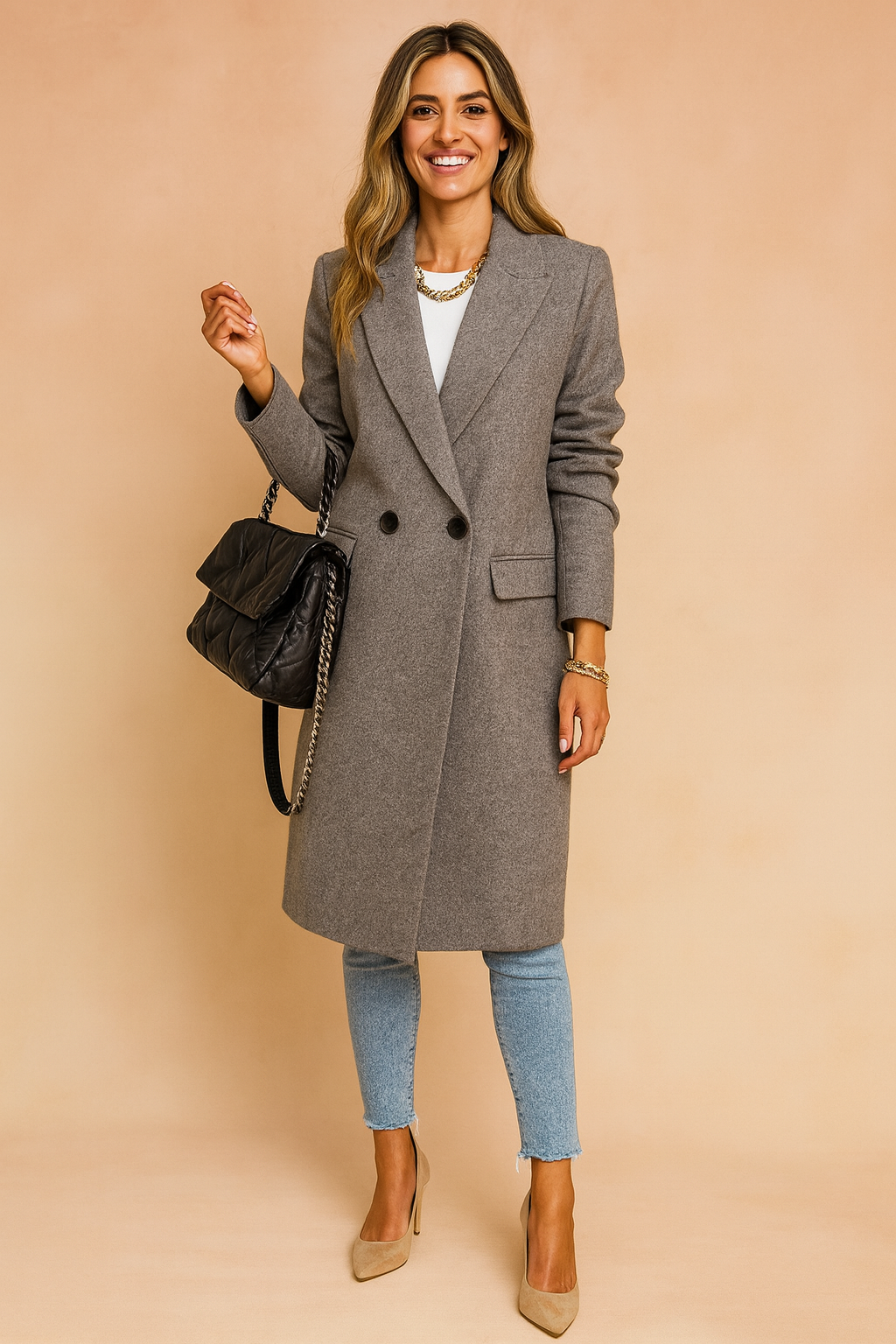 Timeless women's double-breasted long winter jacket. A well-tailored, chic coat for versatile elegance.