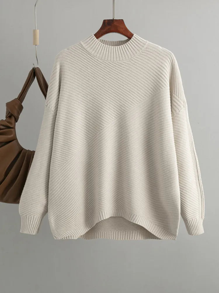Women's crew neck sweater with a ribbed design, providing versatile fashion and comfort for casual outfits.