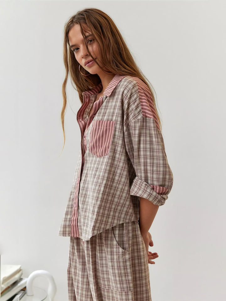 Women's classic pink & azure plaid cotton pajama shirt for ultimate comfort and sleepwear.