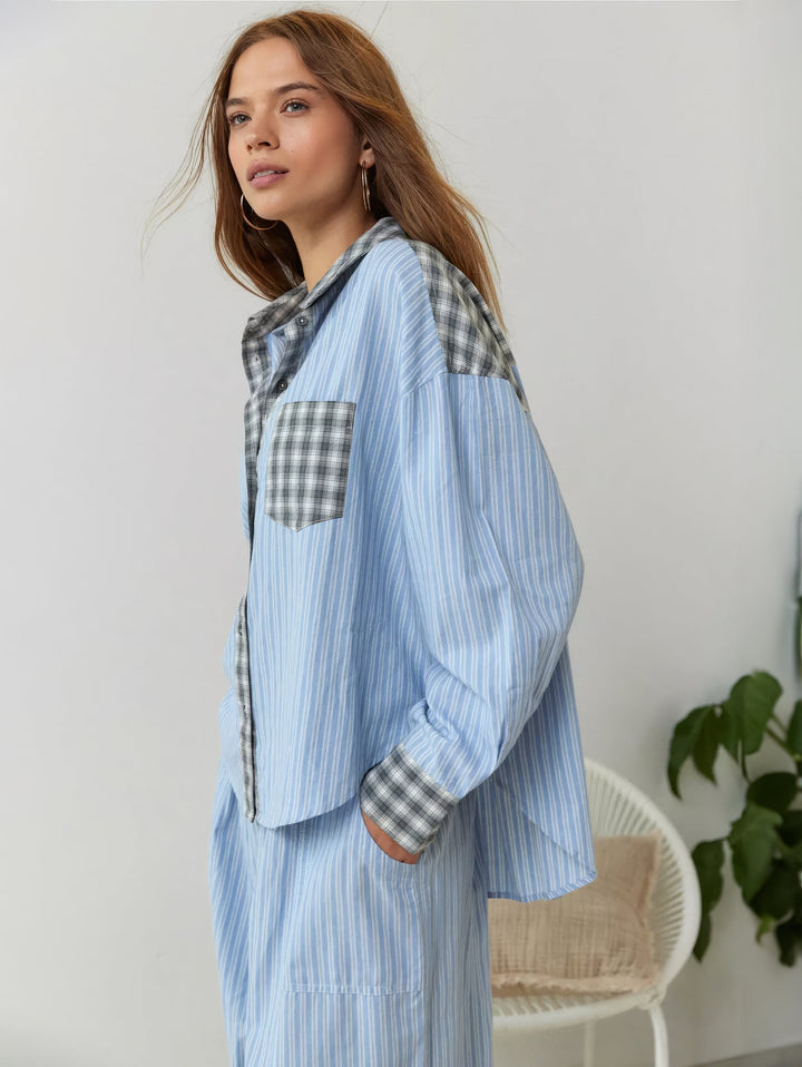 Relaxed fit women's plaid sleepwear shirt in soft pink and azure cotton loungewear.