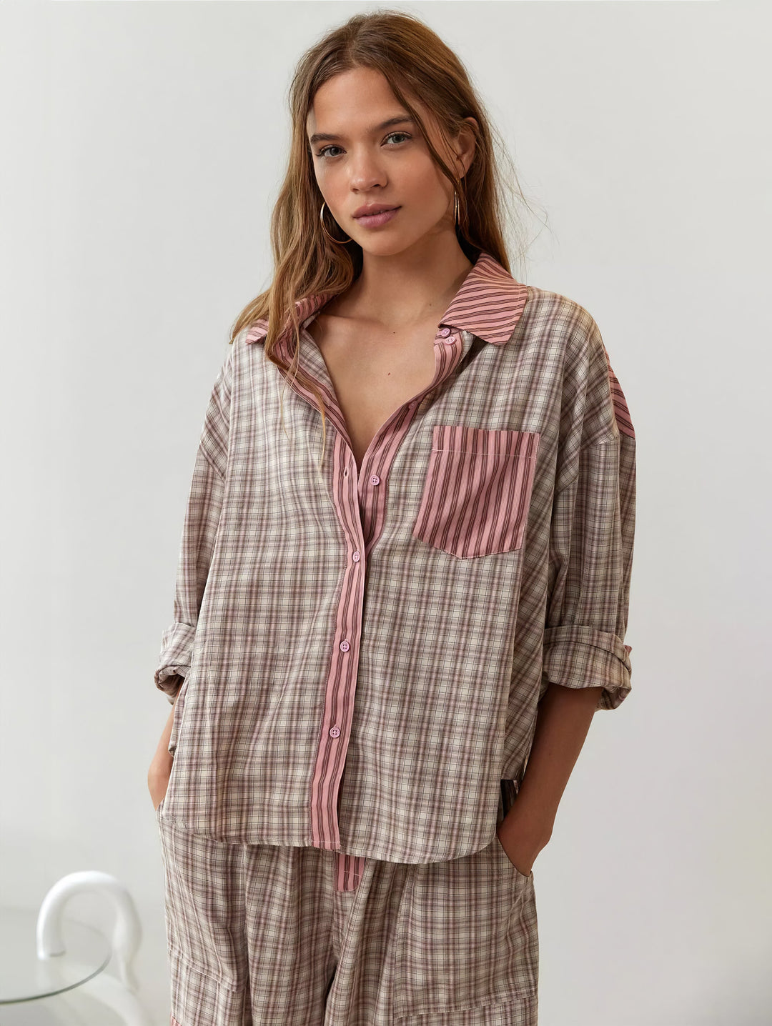 Comfortable women's classic plaid pajama top; pink & azure cotton sleep shirt for ultimate rest.