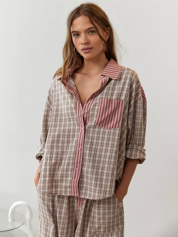 Comfortable women's classic plaid pajama top; pink & azure cotton sleep shirt for ultimate rest.
