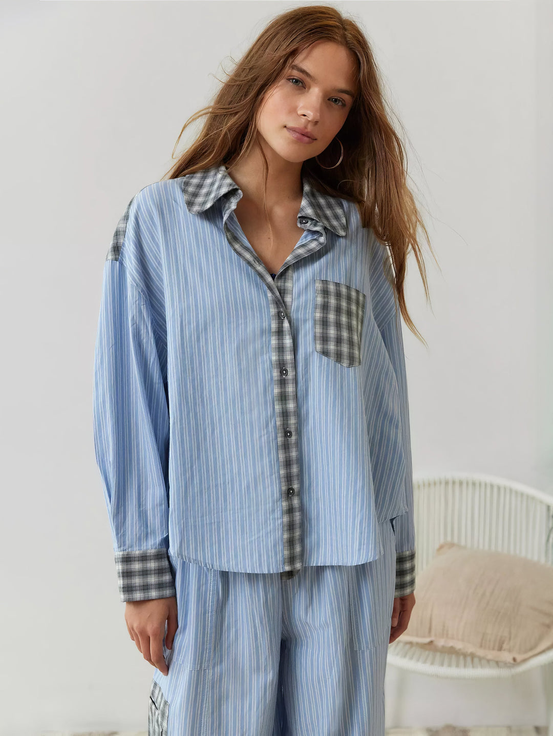 Women's pink & azure plaid cotton pajama shirt; ultimate comfort loungewear and sleepwear.