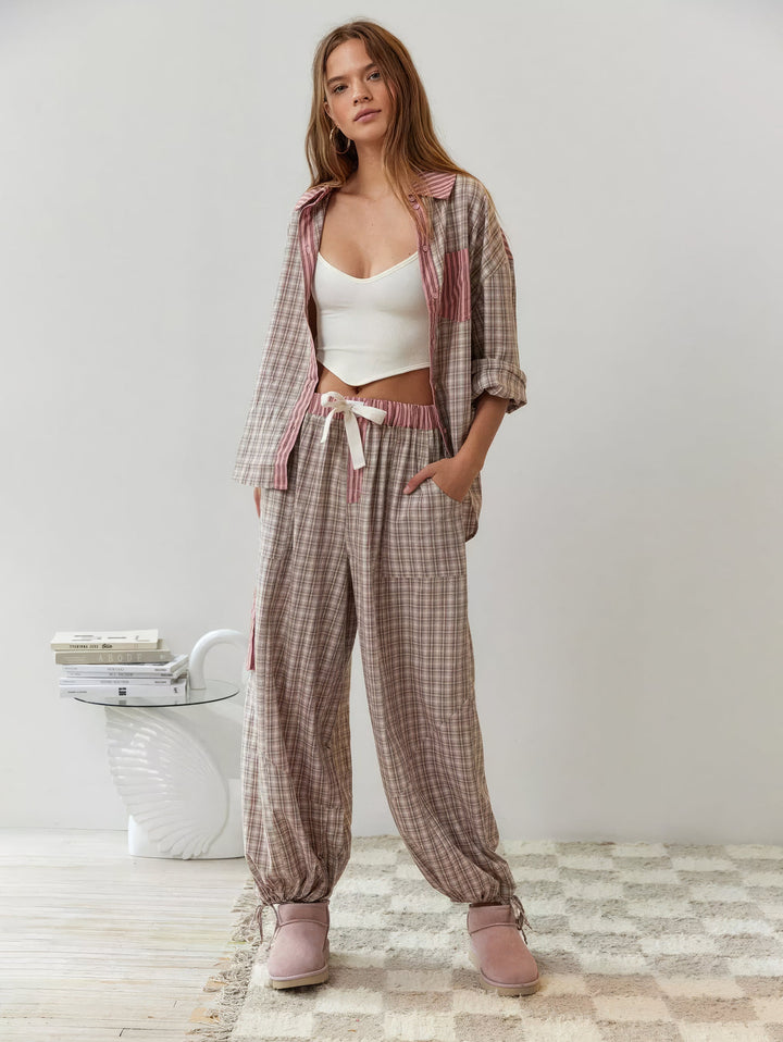 Soft cotton women's classic plaid pajama shirt. Relaxed fit pink & azure sleepwear top.