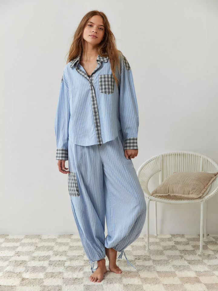 Stylish women's pink & azure plaid pajama shirt, ultimate comfort cotton loungewear for sleep.
