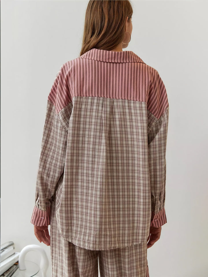 Classic plaid women's sleep shirt in soft cotton, featuring a comfortable pink and azure pattern.