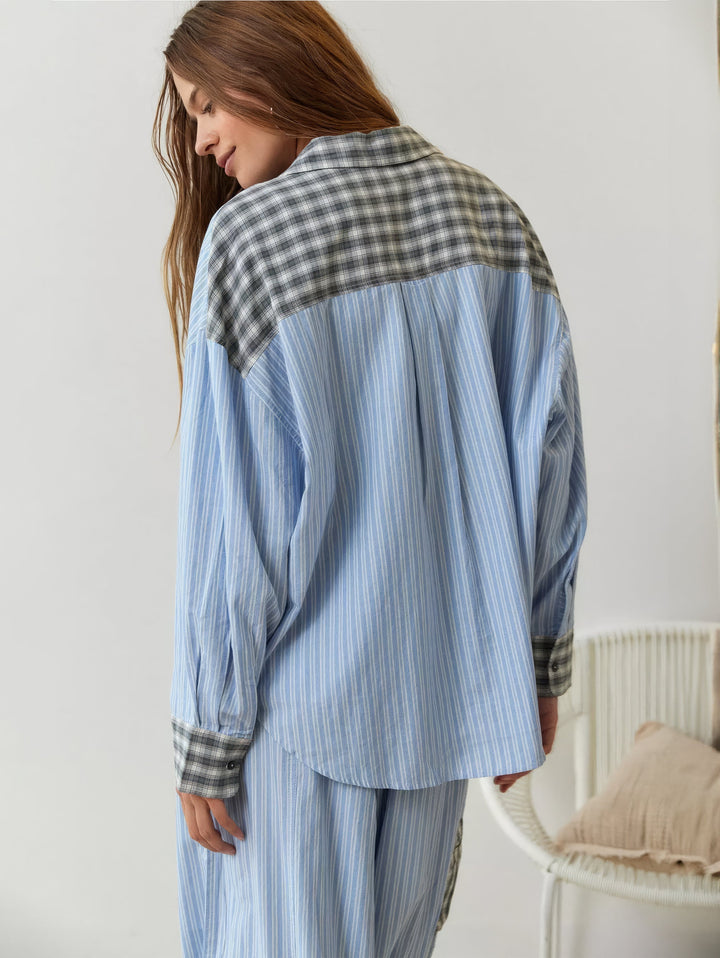 Women's relaxed plaid cotton pajama shirt; pink & azure sleepwear for ultimate loungewear comfort.