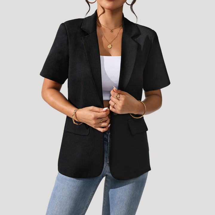 Women's classic short-sleeve black blazer. Tailored, lightweight, perfect for office wear & summer fashion.