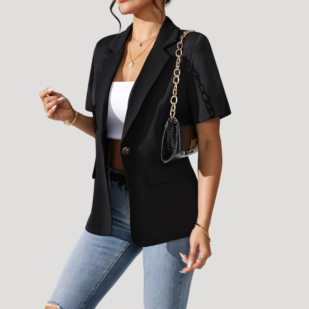 Lightweight black short-sleeve blazer for women, ideal for workwear and stylish office fashion. Modern & comfortable.