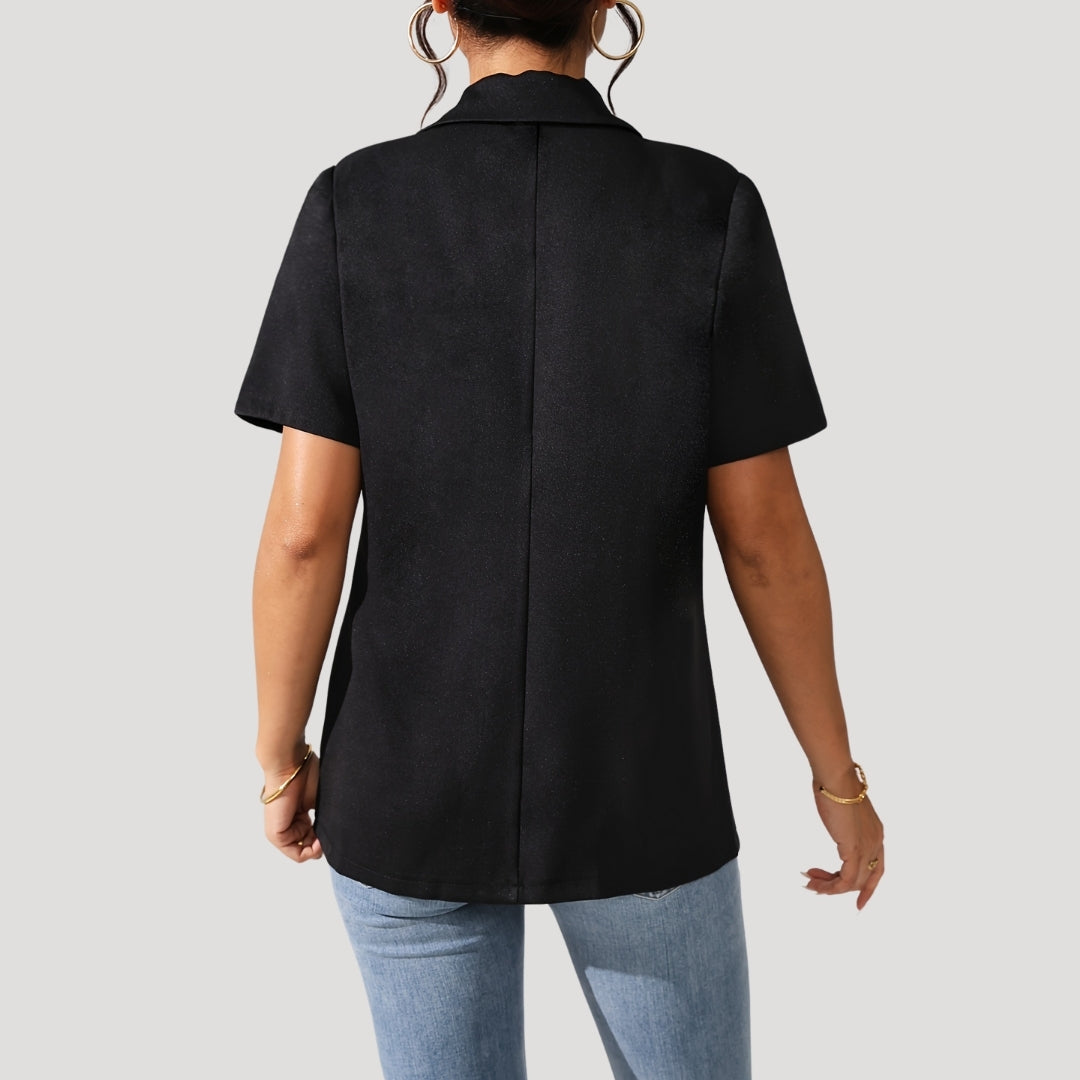 Classic black short-sleeve blazer for women. Professional tailored jacket, essential for modern workwear & chic style.