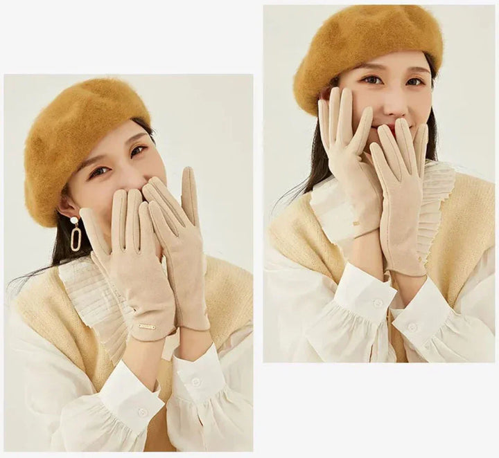Classic women's suede touchscreen gloves. Durable, elegant, and perfect for chilly days.